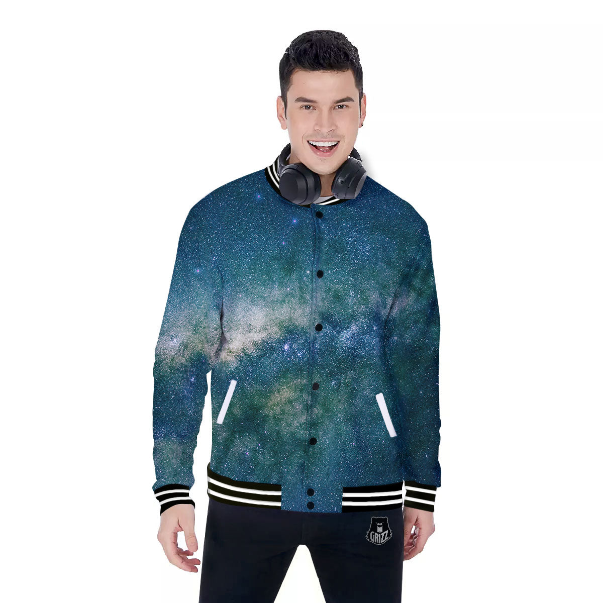 Galaxy Space Dark Teal Print Baseball Jacket-grizzshop