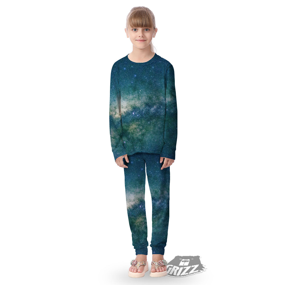 Galaxy Space Dark Teal Print Kid's Pajamas-grizzshop