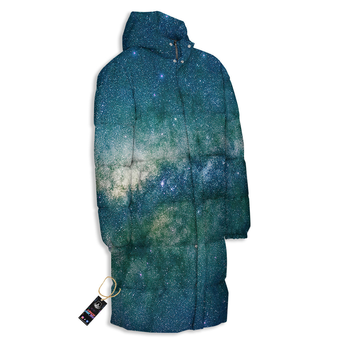 Galaxy Space Dark Teal Print Long Down Jacket-grizzshop
