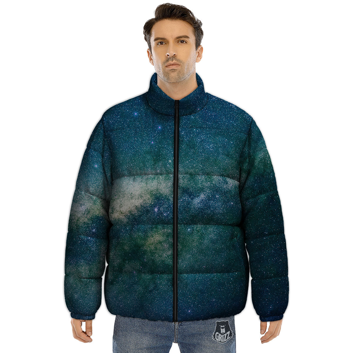 Galaxy Space Dark Teal Print Puffer Jacket-grizzshop