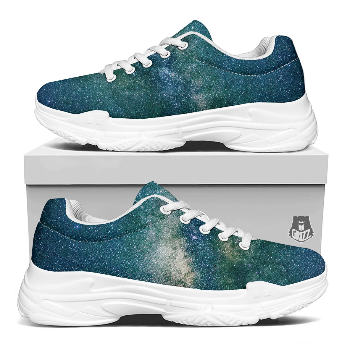 Galaxy Space Dark Teal Print White Chunky Shoes-grizzshop