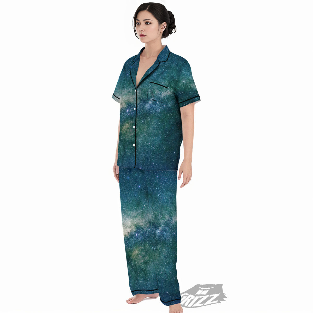 Galaxy Space Dark Teal Print Women's Pajamas Set-grizzshop