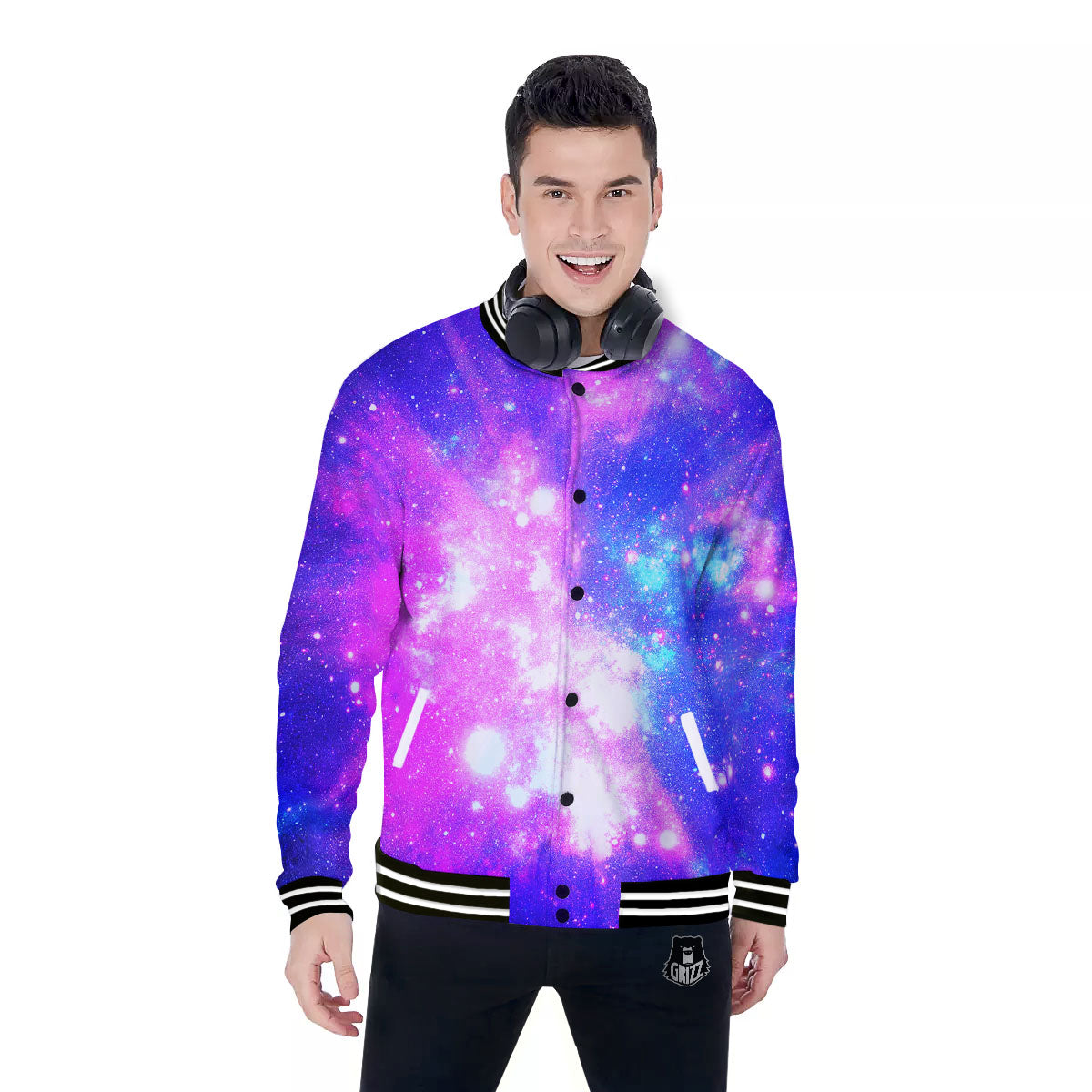 Galaxy Space Purple Bursting Print Baseball Jacket-grizzshop