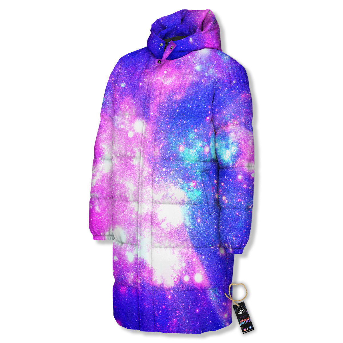 Galaxy Space Purple Bursting Print Long Down Jacket-grizzshop