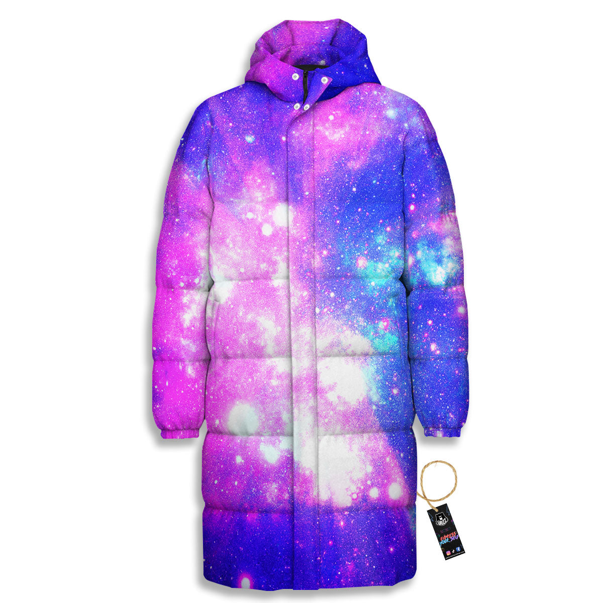 Galaxy Space Purple Bursting Print Long Down Jacket-grizzshop