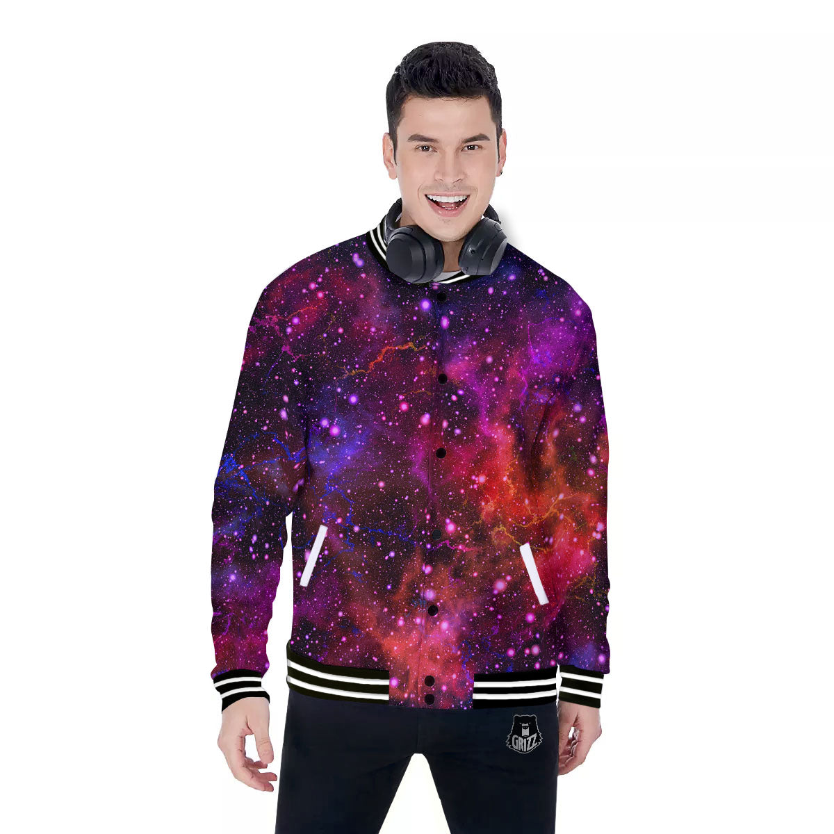 Galaxy Space Purple Dark Print Baseball Jacket-grizzshop