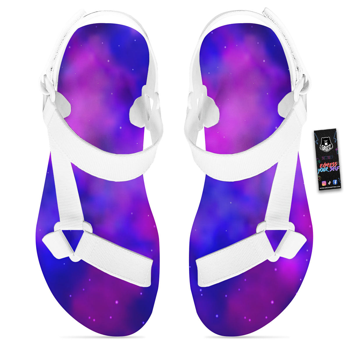 Galaxy Space Purple Nebula Cloud Print White Open Toe Sandals-grizzshop