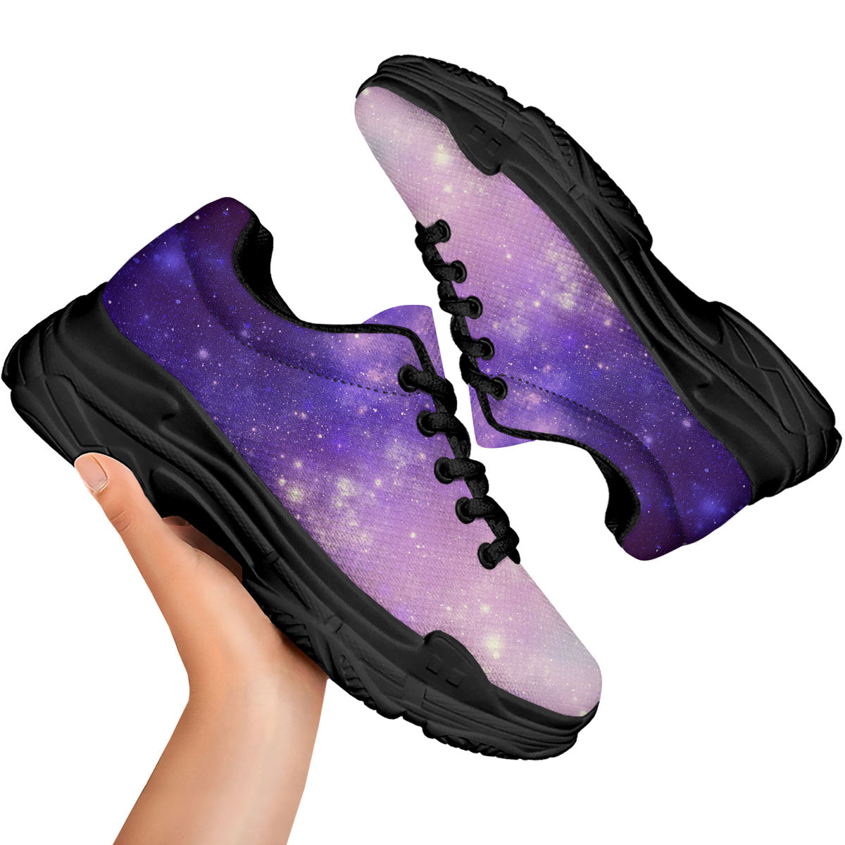 Galaxy Space Purple Stardust Cloud Print Black Chunky Shoes-grizzshop