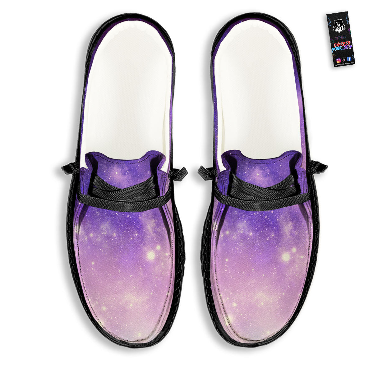 Galaxy Space Purple Stardust Cloud Print Black Loafers-grizzshop