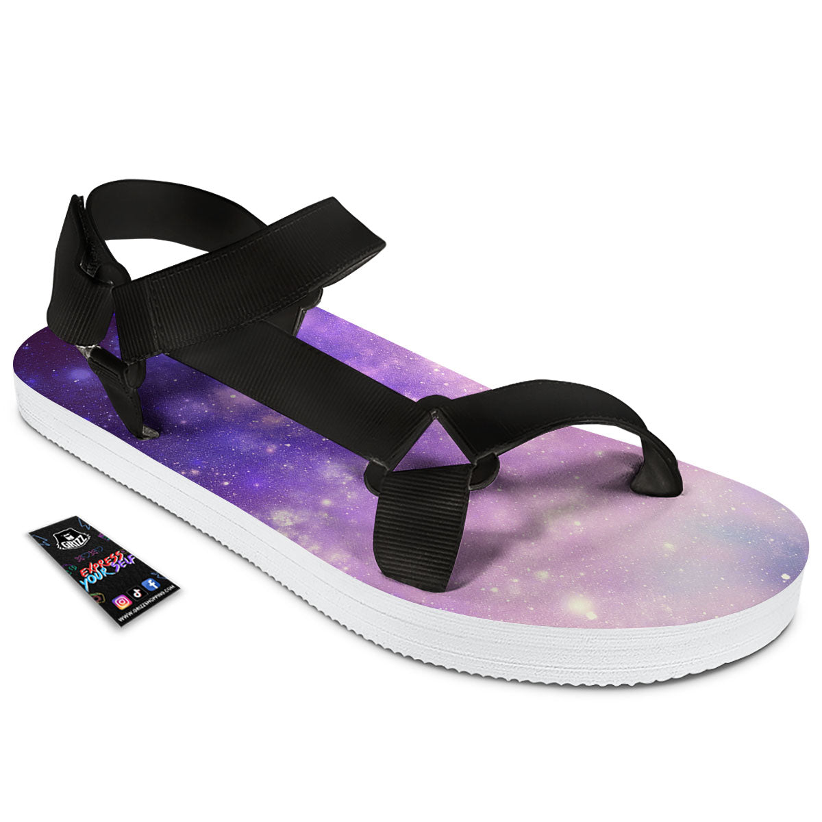 Galaxy Space Purple Stardust Cloud Print Black Open Toe Sandals-grizzshop