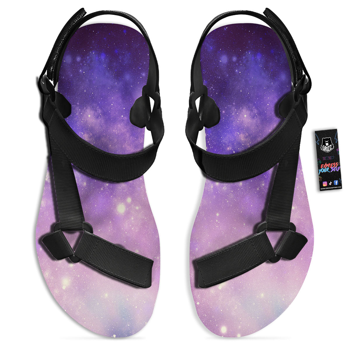 Galaxy Space Purple Stardust Cloud Print Black Open Toe Sandals-grizzshop