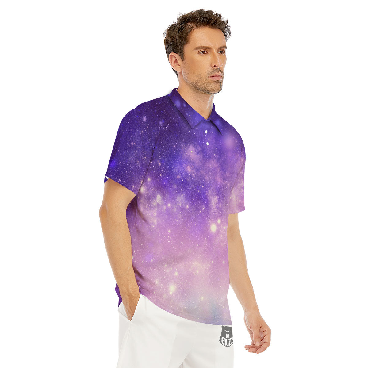 Galaxy Space Purple Stardust Cloud Print Men's Golf Shirts-grizzshop