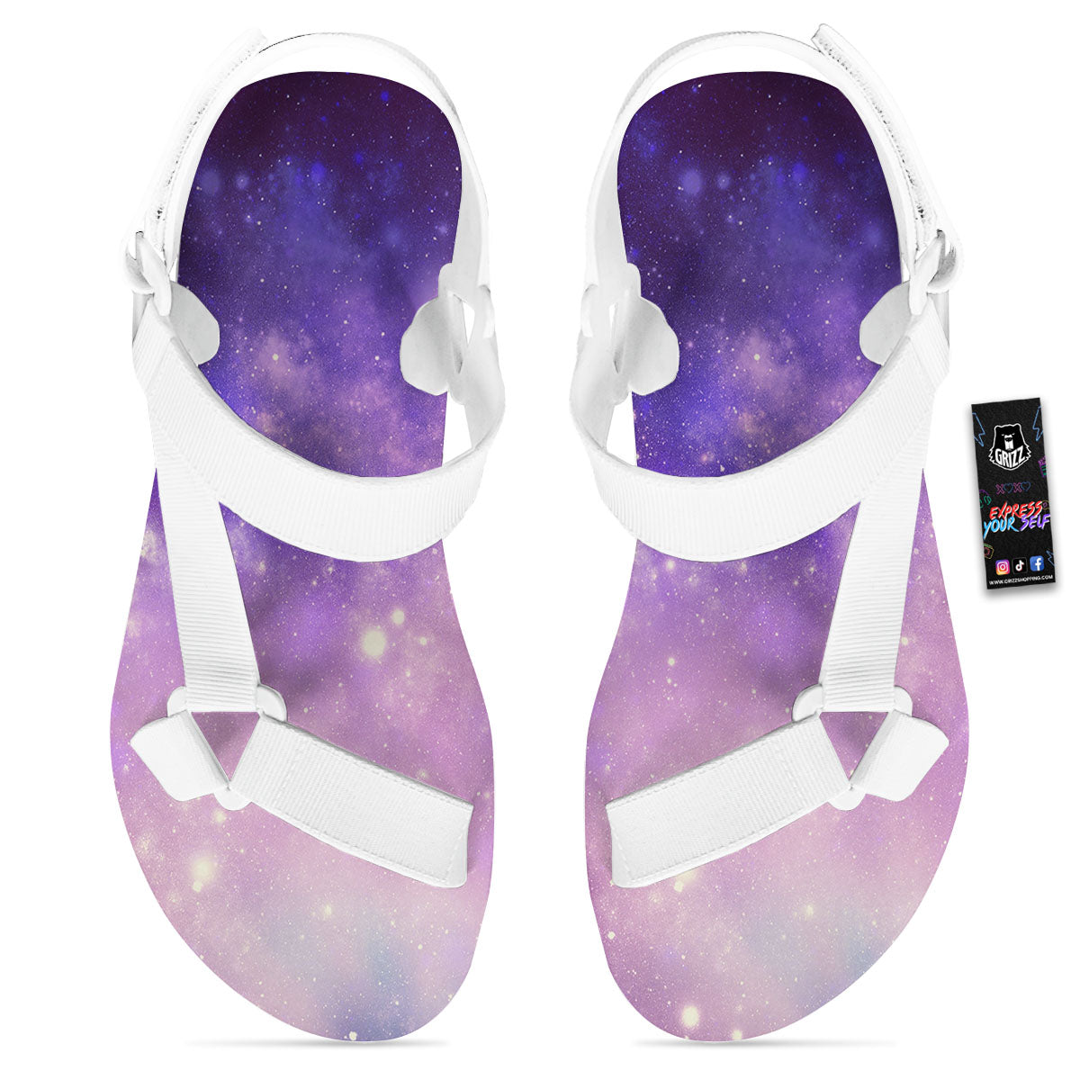 Galaxy Space Purple Stardust Cloud Print White Open Toe Sandals-grizzshop