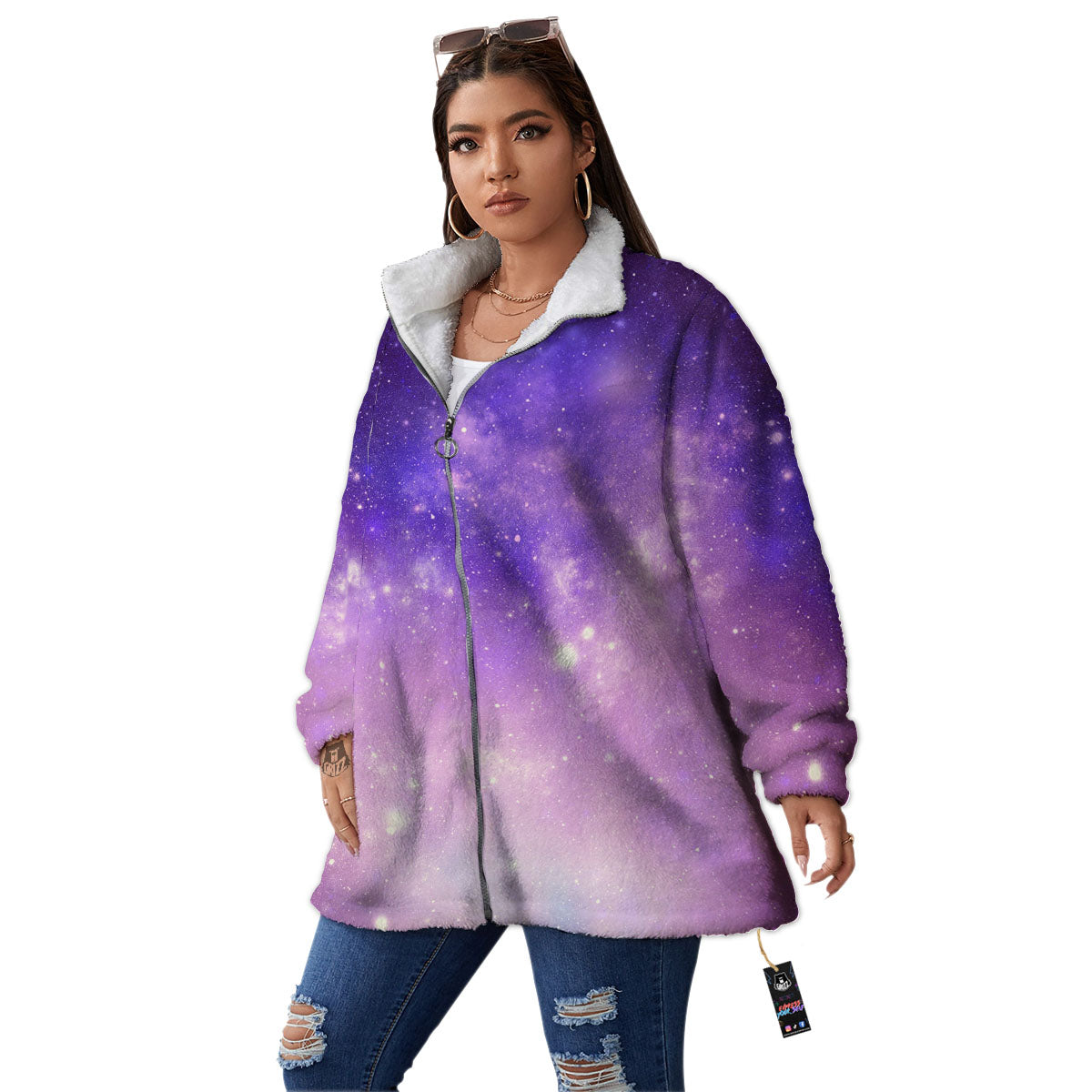 Galaxy Space Purple Stardust Cloud Print Women's Sherpa Jacket-grizzshop
