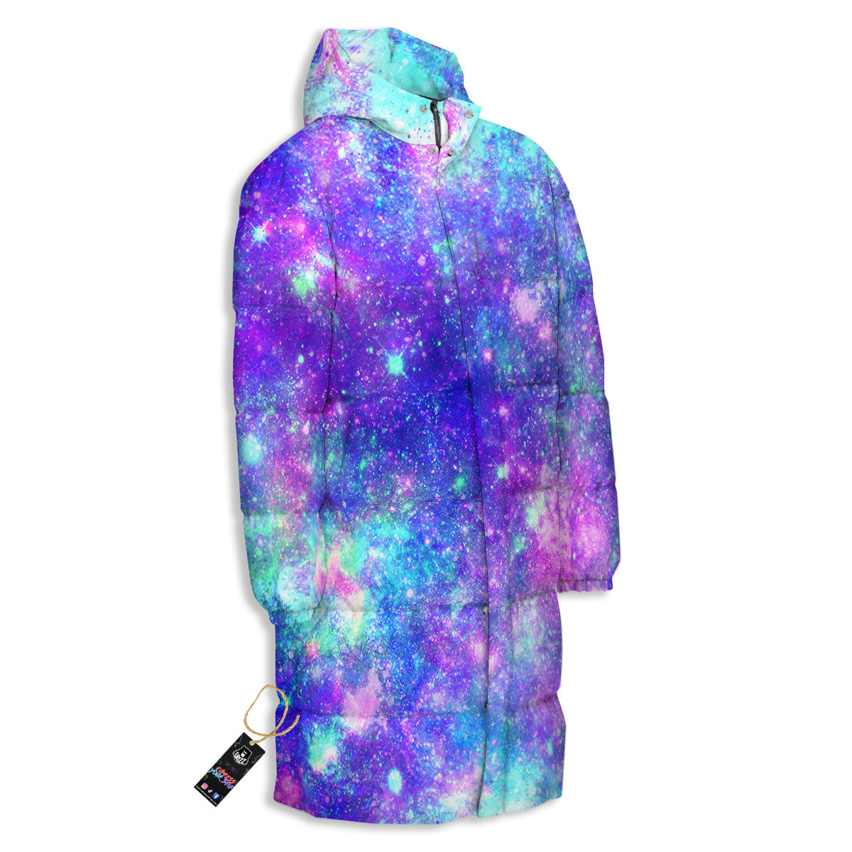 Galaxy Space Purple Turquoise Print Long Down Jacket-grizzshop