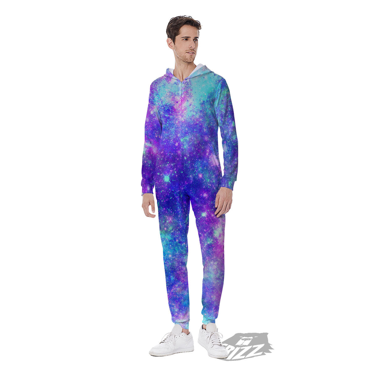 Galaxy Space Purple Turquoise Print Men's Jumpsuit-grizzshop
