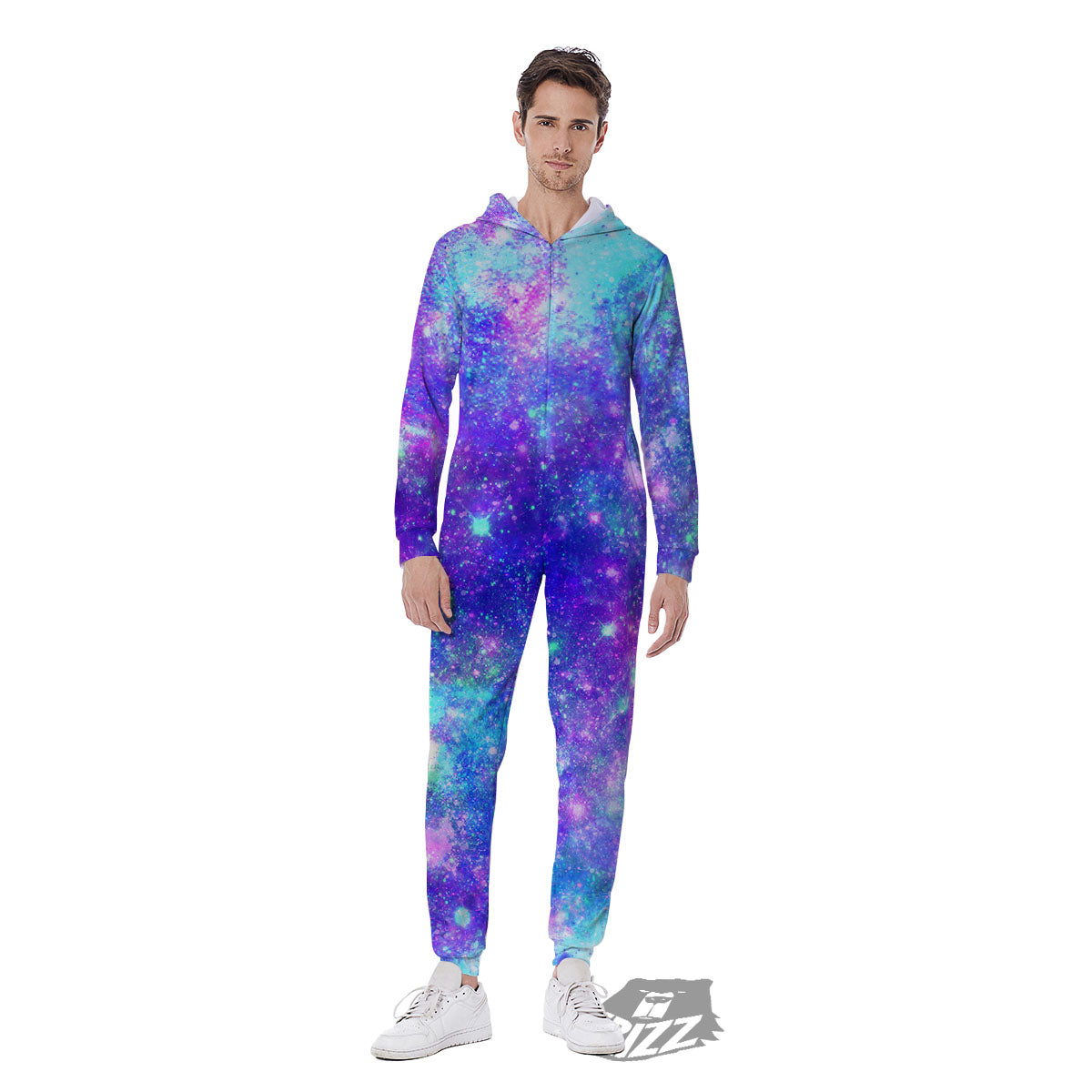 Galaxy Space Purple Turquoise Print Men's Jumpsuit-grizzshop