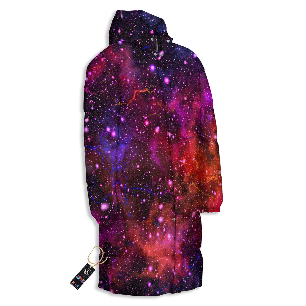 Galaxy Space Red Purple Nebula Print Long Down Jacket-grizzshop
