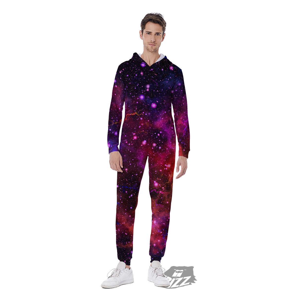 Galaxy Space Red Purple Nebula Print Men's Jumpsuit-grizzshop