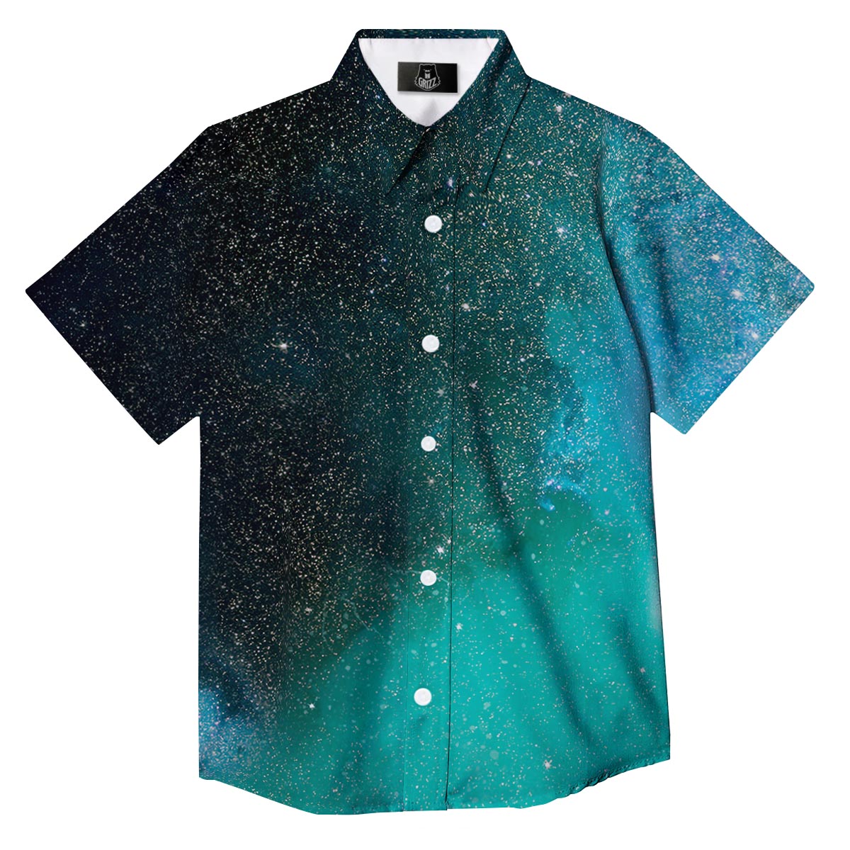 Galaxy Space Teal Stardust Print Button Up Shirt-grizzshop