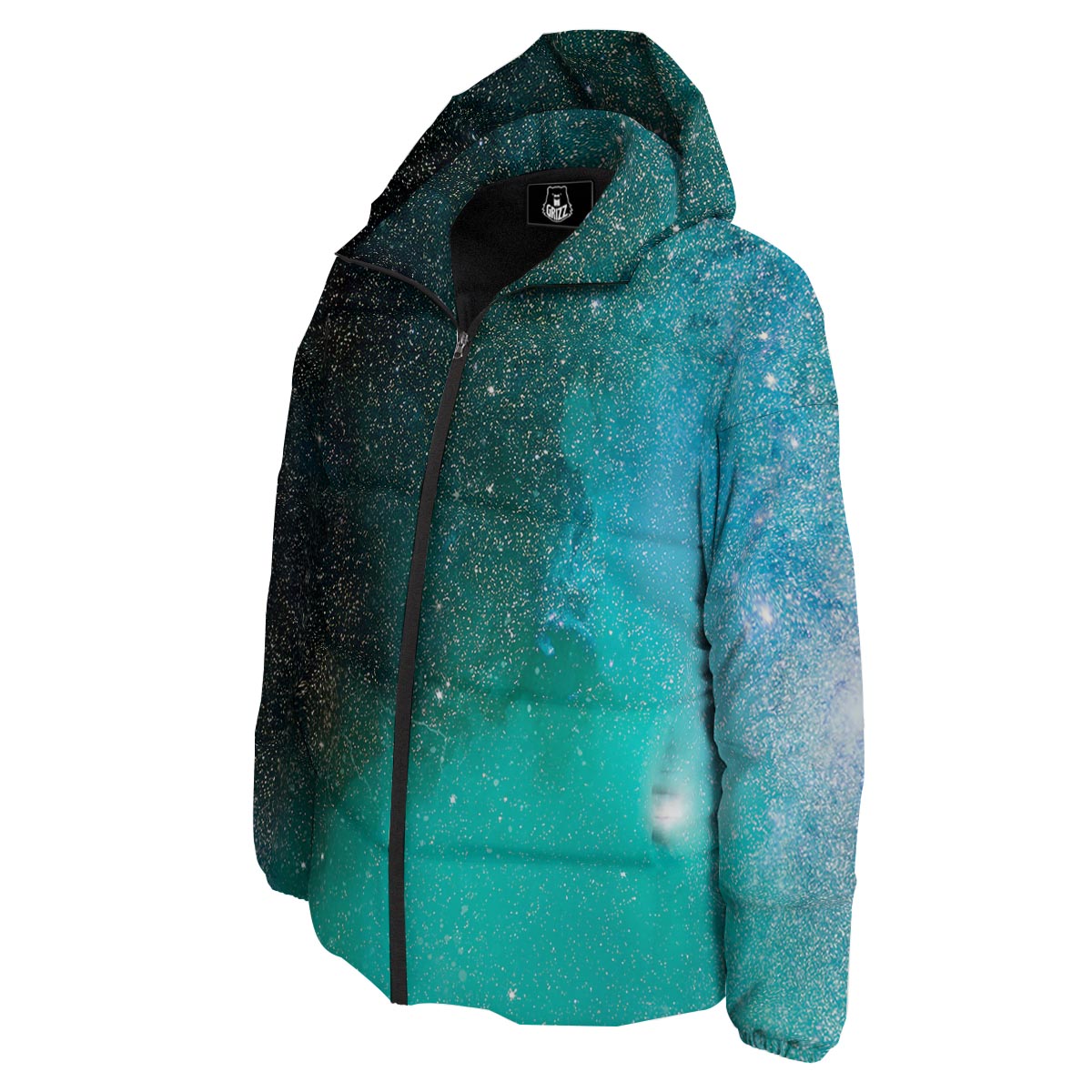 Galaxy Space Teal Stardust Print Down Jacket-grizzshop
