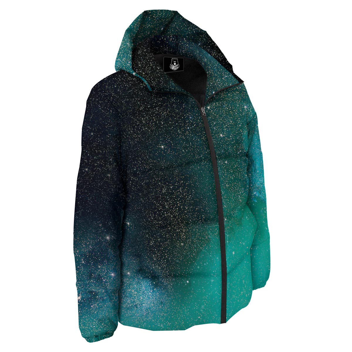Galaxy Space Teal Stardust Print Down Jacket-grizzshop