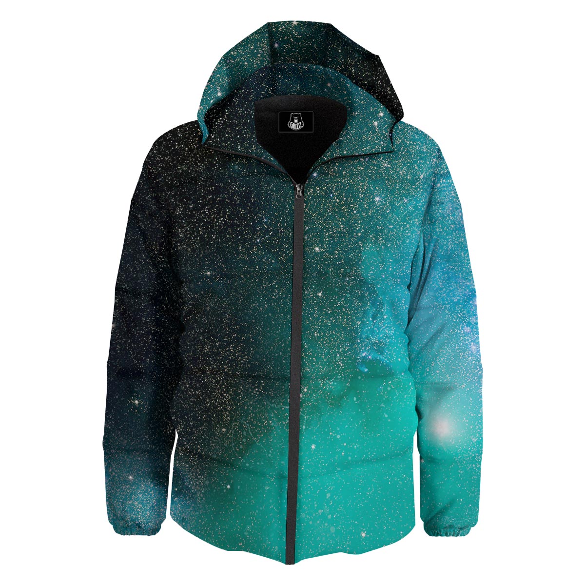 Galaxy Space Teal Stardust Print Down Jacket-grizzshop