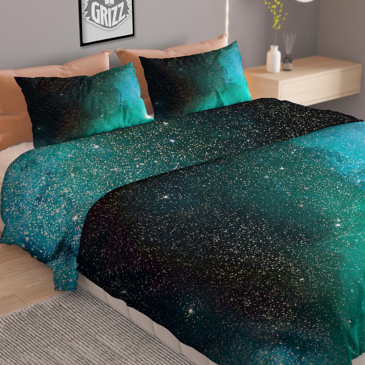Galaxy Space Teal Stardust Print Duvet Cover Bedding Set