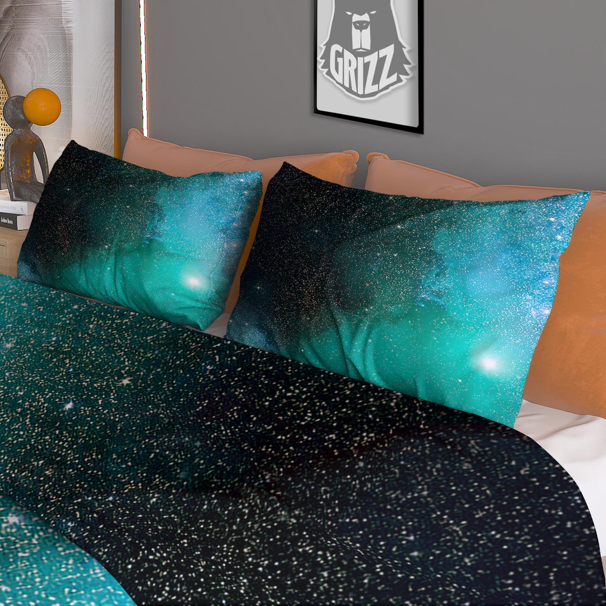 Galaxy Space Teal Stardust Print Duvet Cover Bedding Set