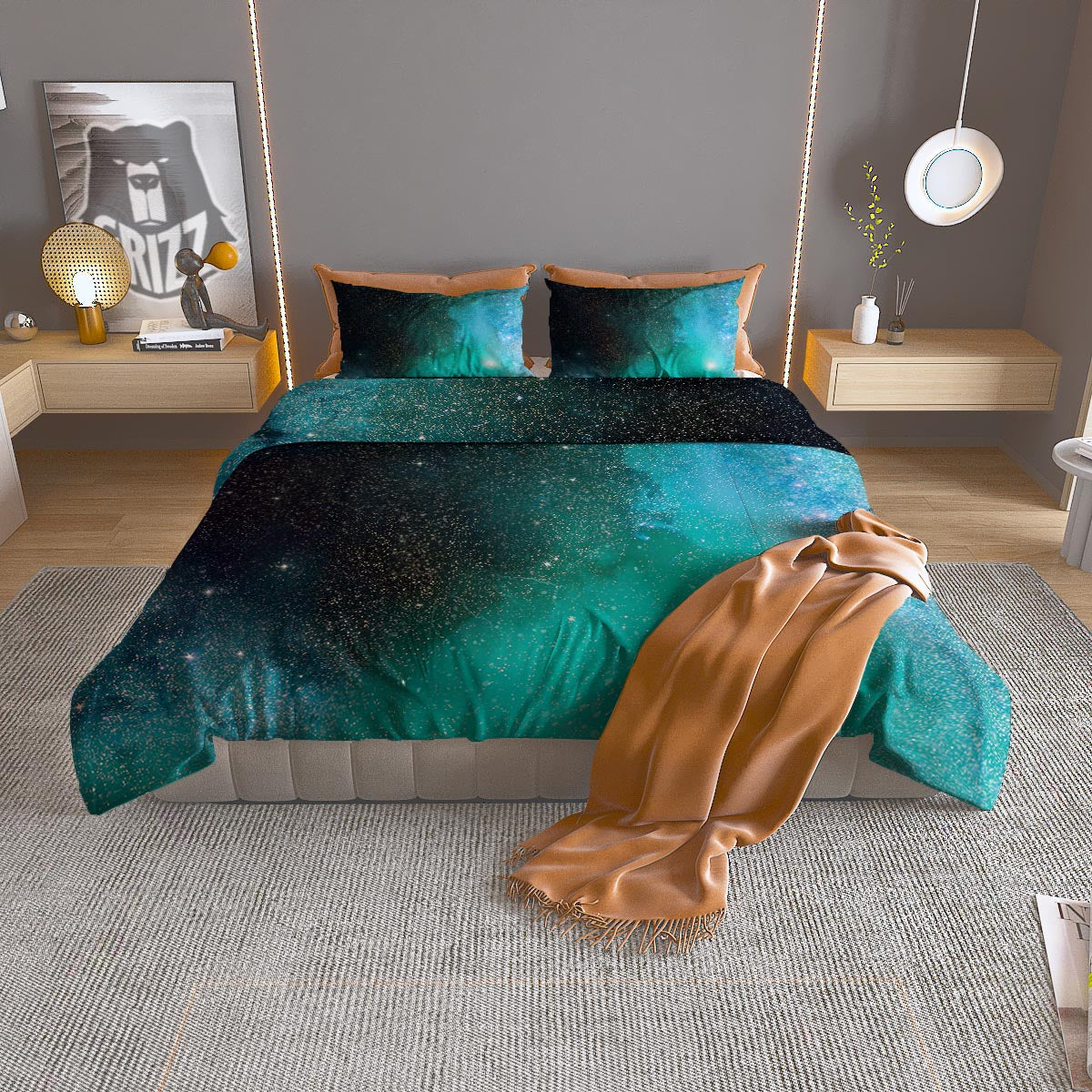 Galaxy Space Teal Stardust Print Duvet Cover Bedding Set