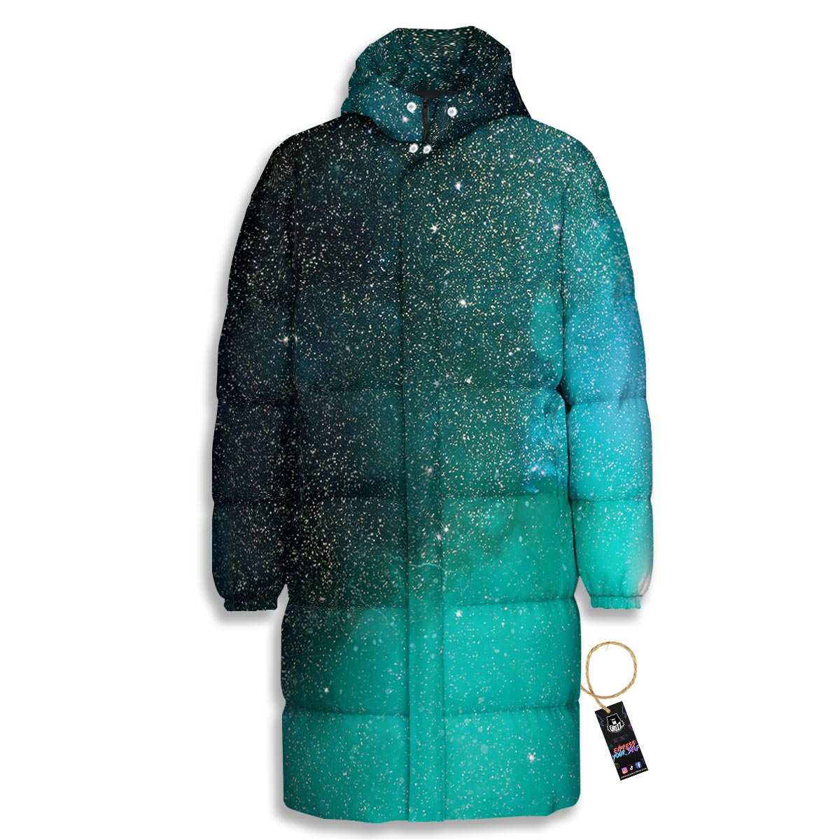 Galaxy Space Teal Stardust Print Long Down Jacket-grizzshop