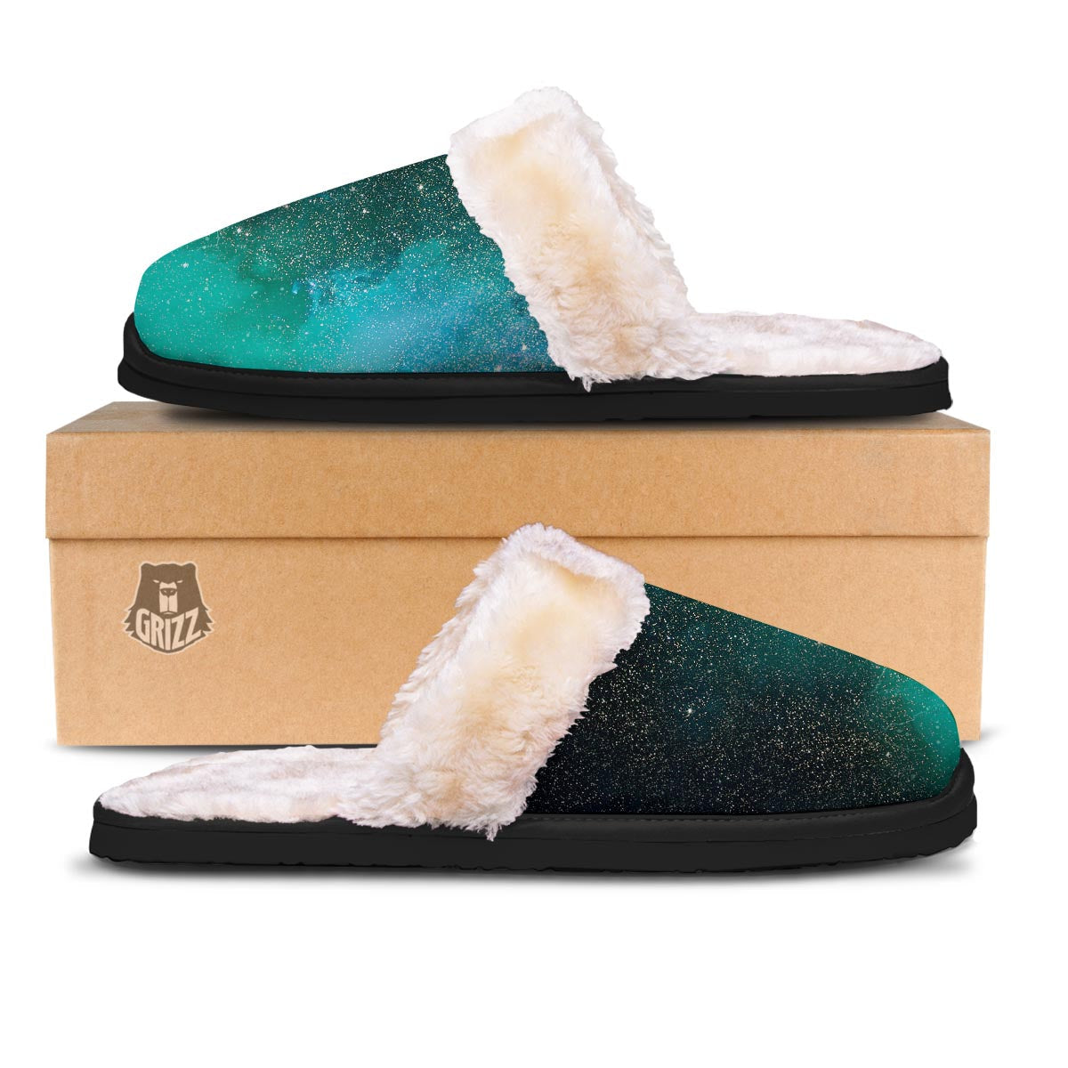 Galaxy Space Teal Stardust Print Slippers-grizzshop
