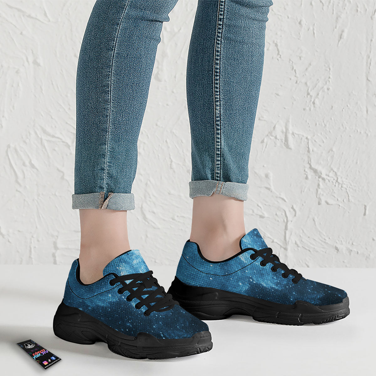 Galaxy Space White Cloud Print Black Chunky Shoes-grizzshop
