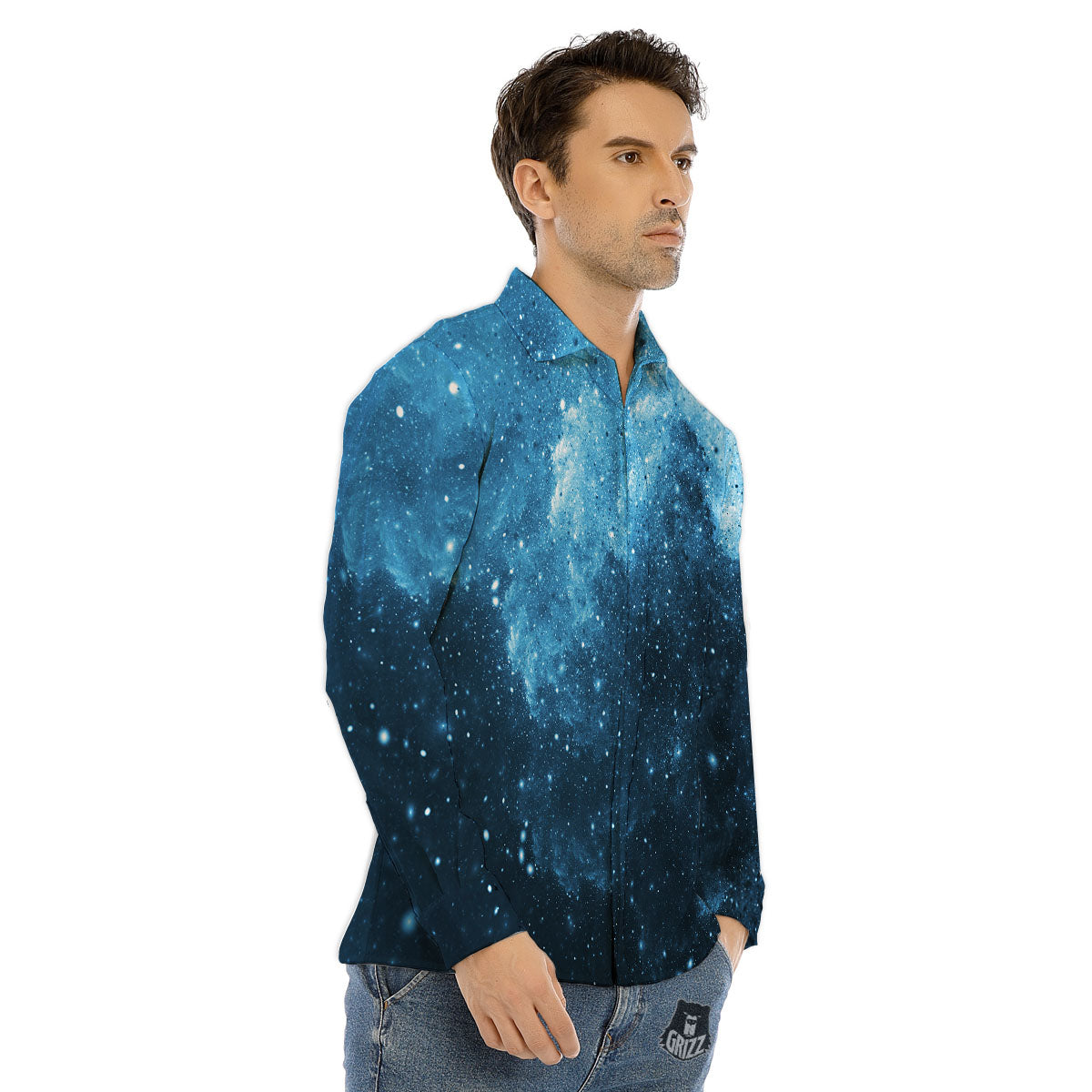 Galaxy Space White Cloud Print Men's Dress Shirts-grizzshop