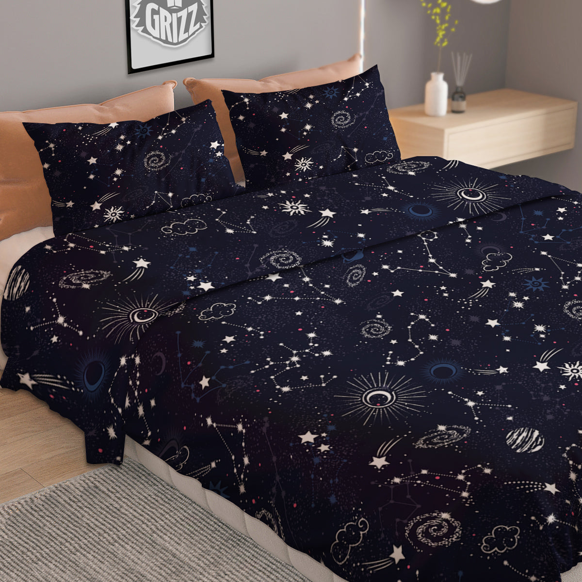 Galaxy Space Zodiac Star Signs Print Duvet Cover Bedding Set