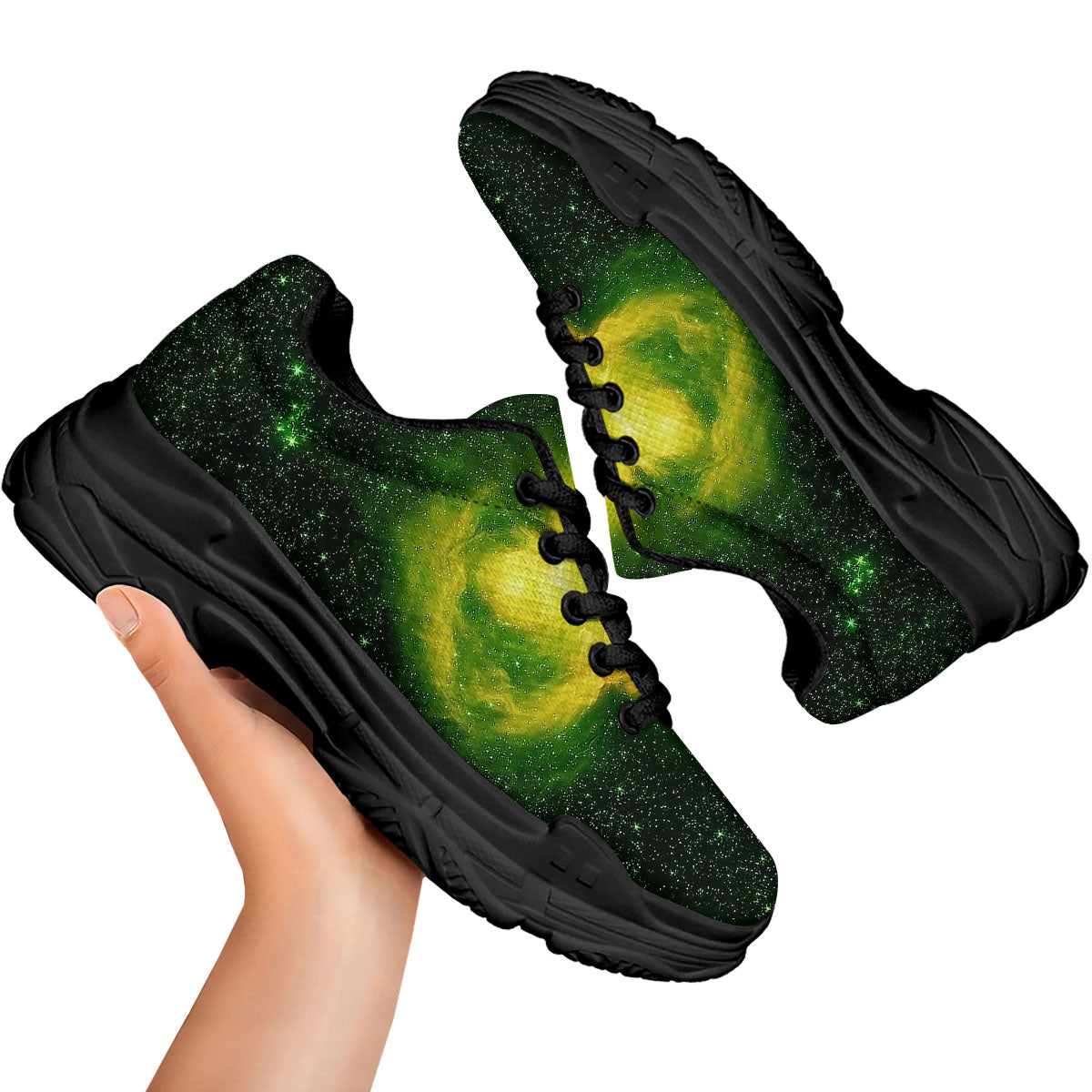 Galaxy Sparkle Green Print Black Chunky Shoes-grizzshop