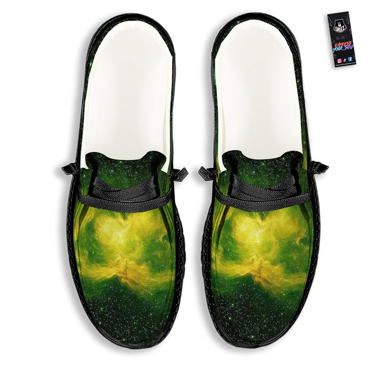 Galaxy Sparkle Green Print Black Loafers-grizzshop