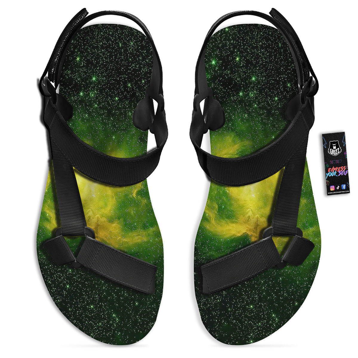 Galaxy Sparkle Green Print Black Open Toe Sandals-grizzshop