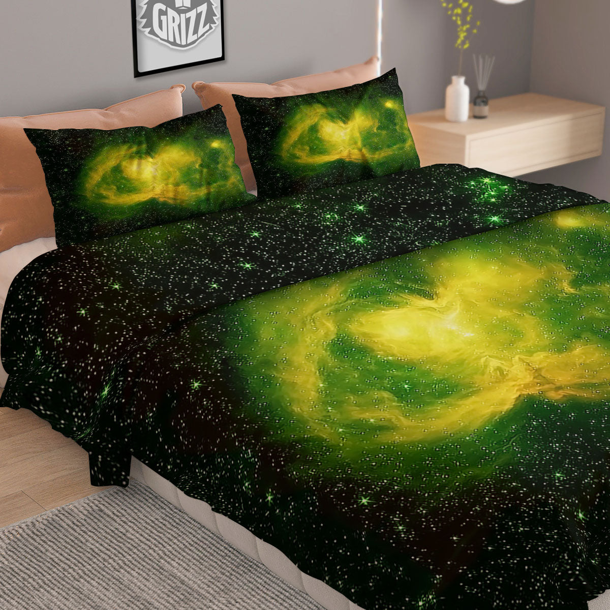 Galaxy Sparkle Green Print Duvet Cover Bedding Set
