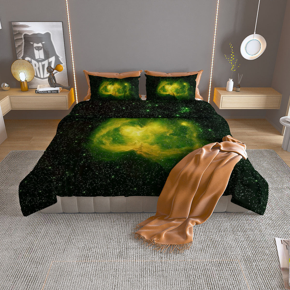 Galaxy Sparkle Green Print Duvet Cover Bedding Set