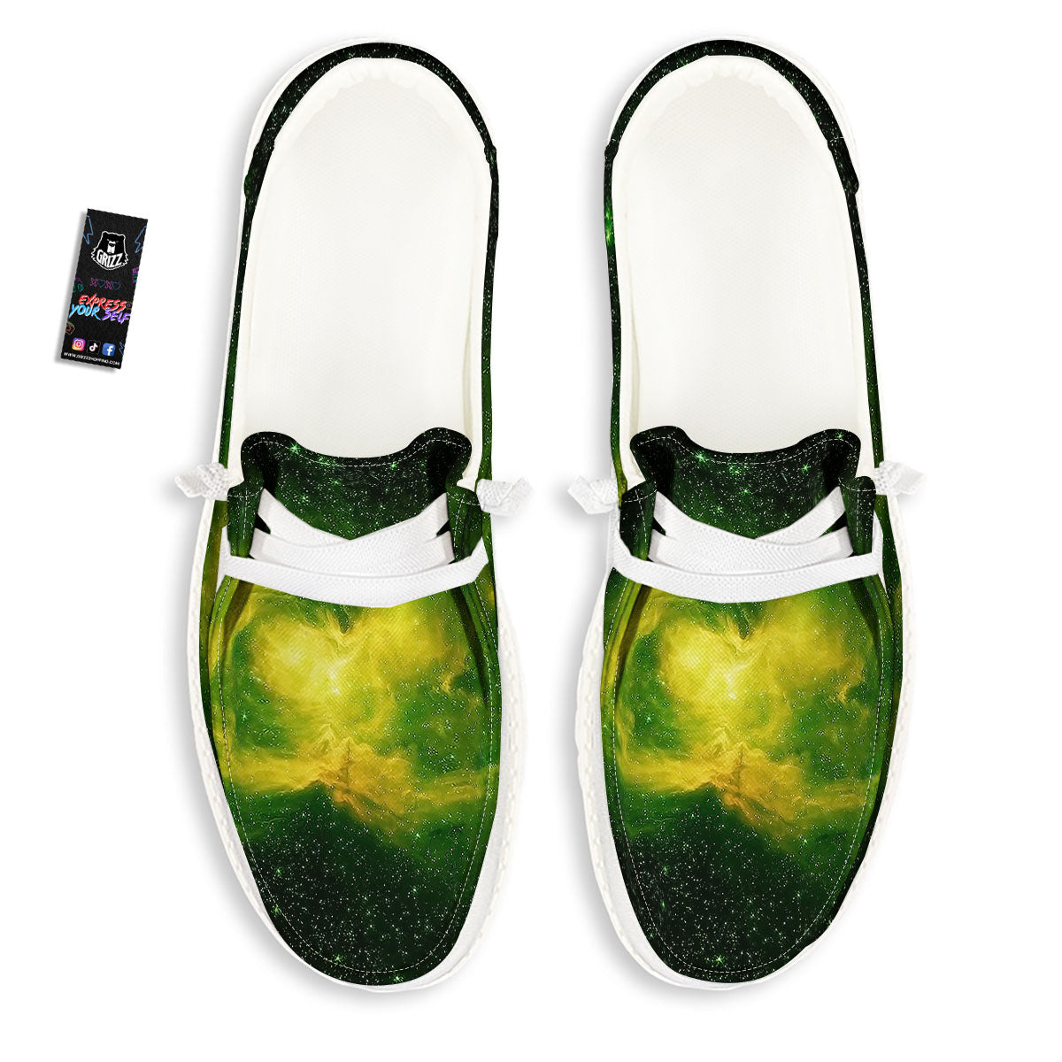 Galaxy Sparkle Green Print White Loafers-grizzshop