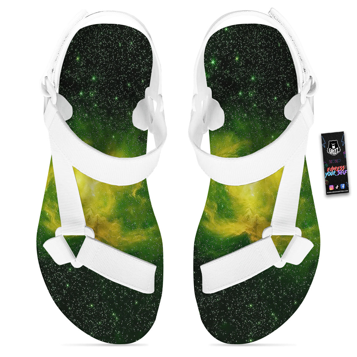 Galaxy Sparkle Green Print White Open Toe Sandals-grizzshop