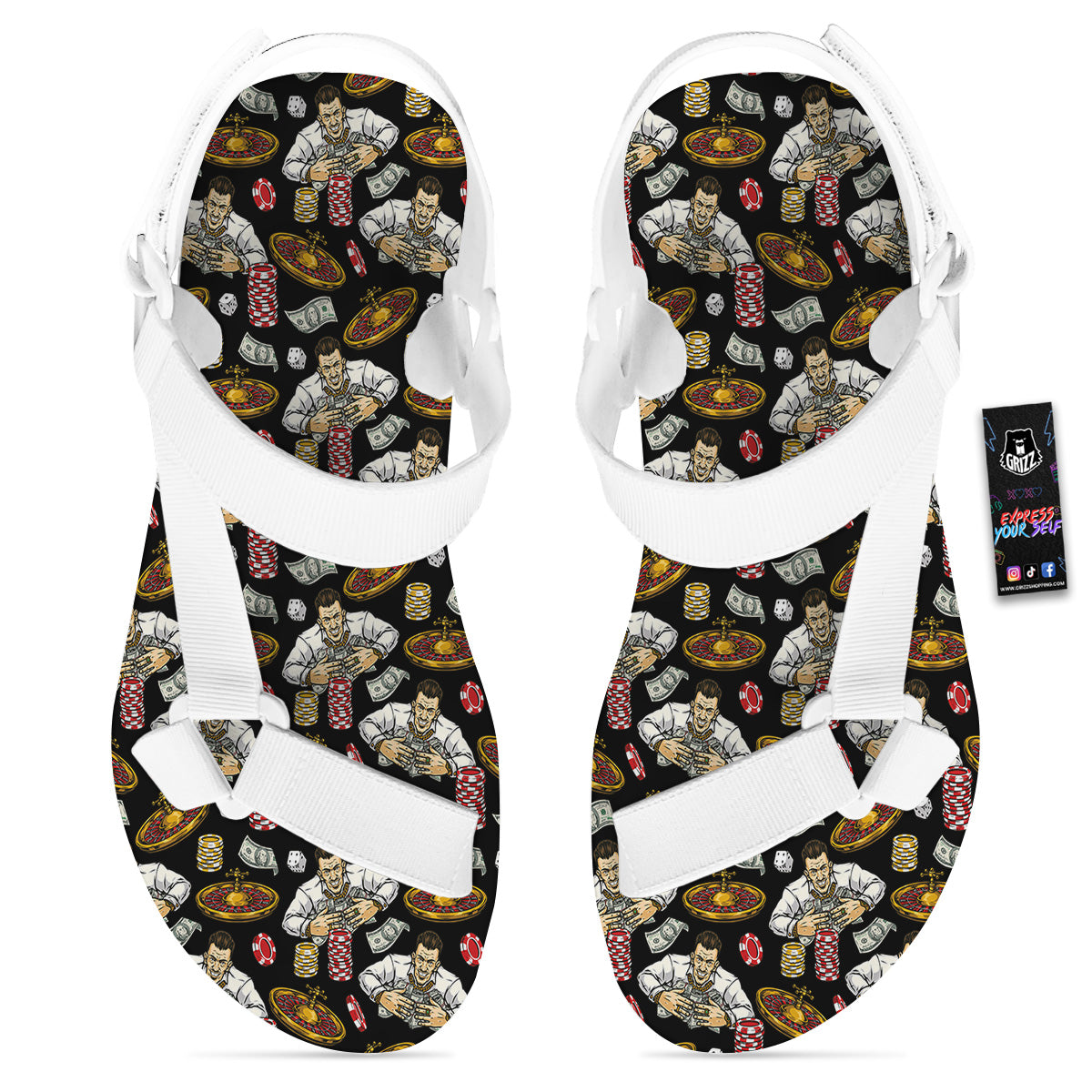 Gambling And Money Vintage Print Pattern White Open Toe Sandals-grizzshop