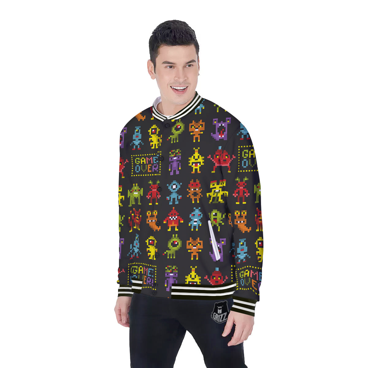 Game Monsters 8-Bit Video Print Pattern Baseball Jacket-grizzshop