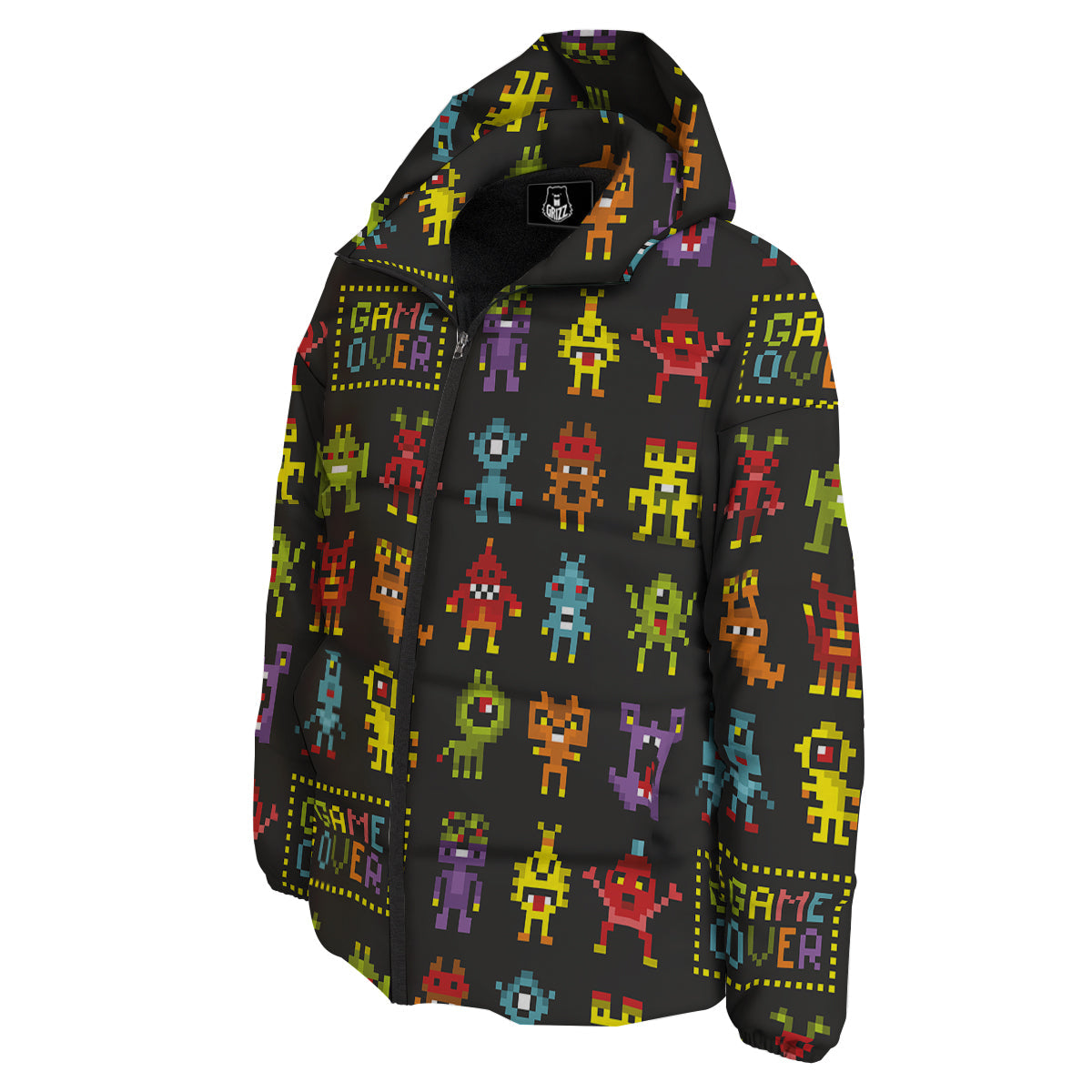 Game Monsters 8-Bit Video Print Pattern Down Jacket-grizzshop