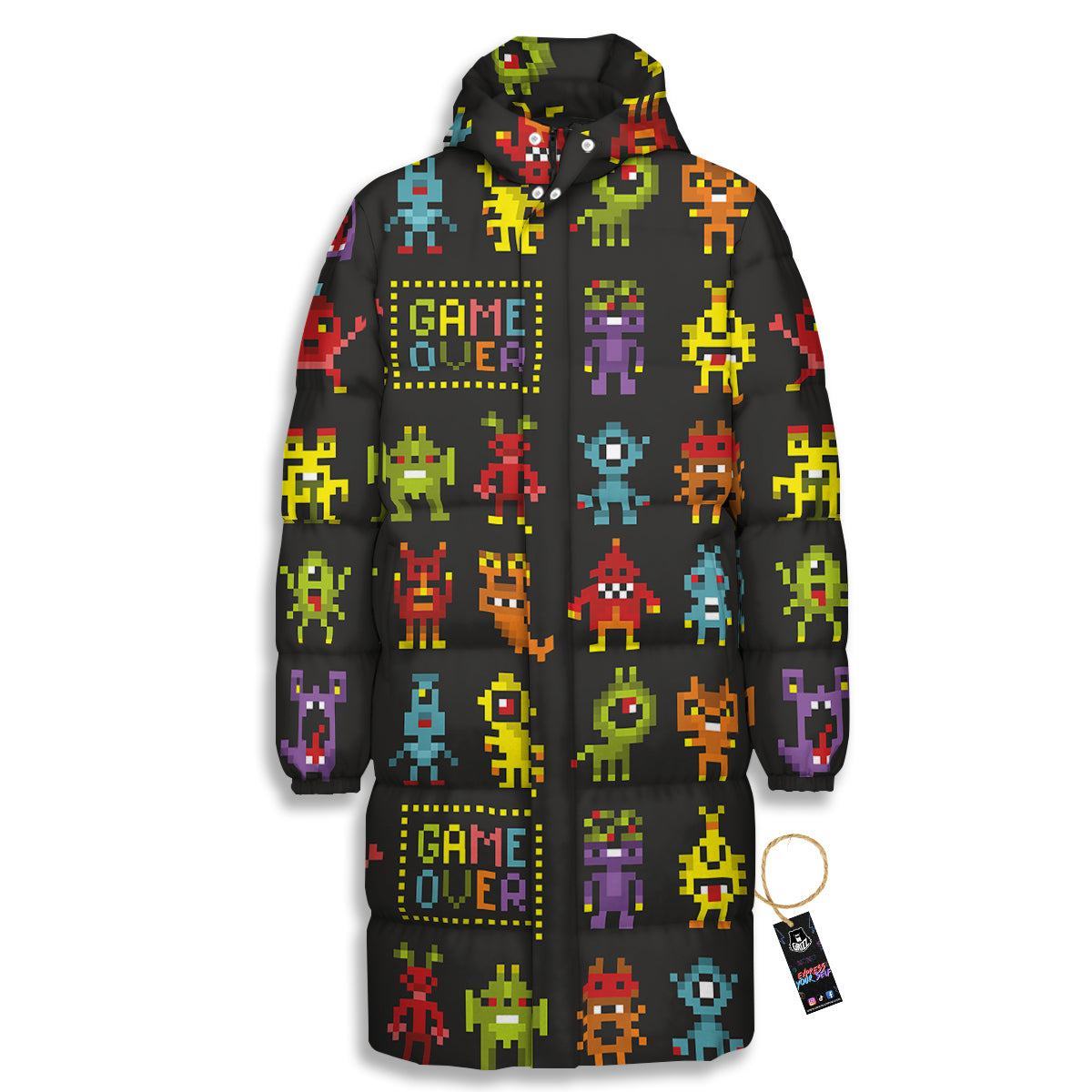 Game Monsters 8-Bit Video Print Pattern Long Down Jacket-grizzshop