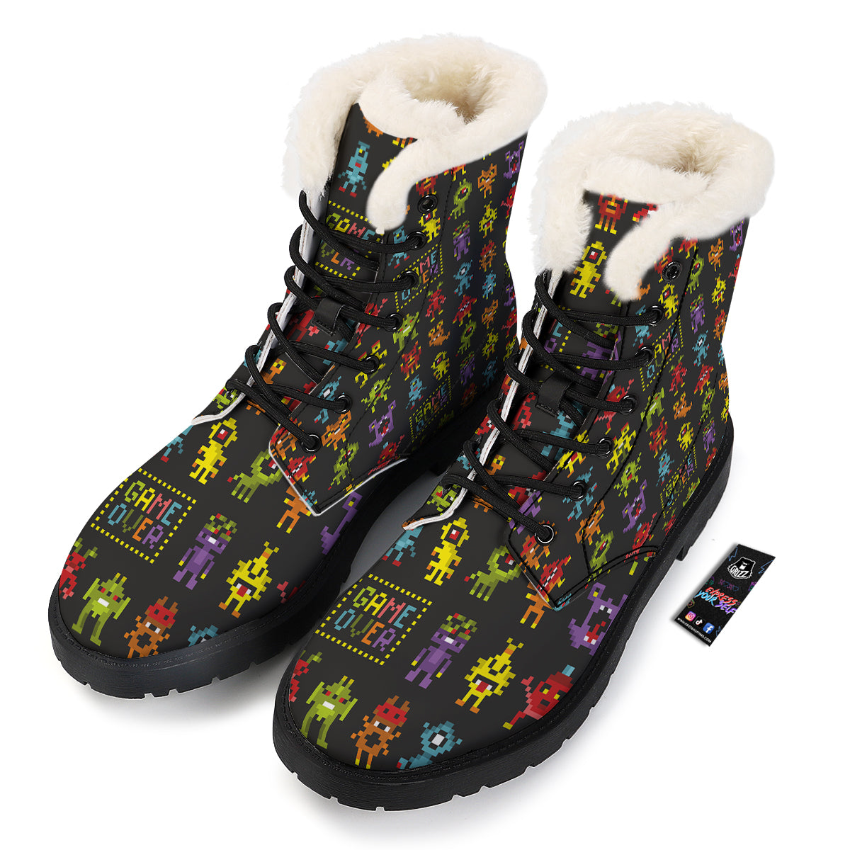 Game Monsters 8-Bit Video Print Pattern Winter Boots-grizzshop