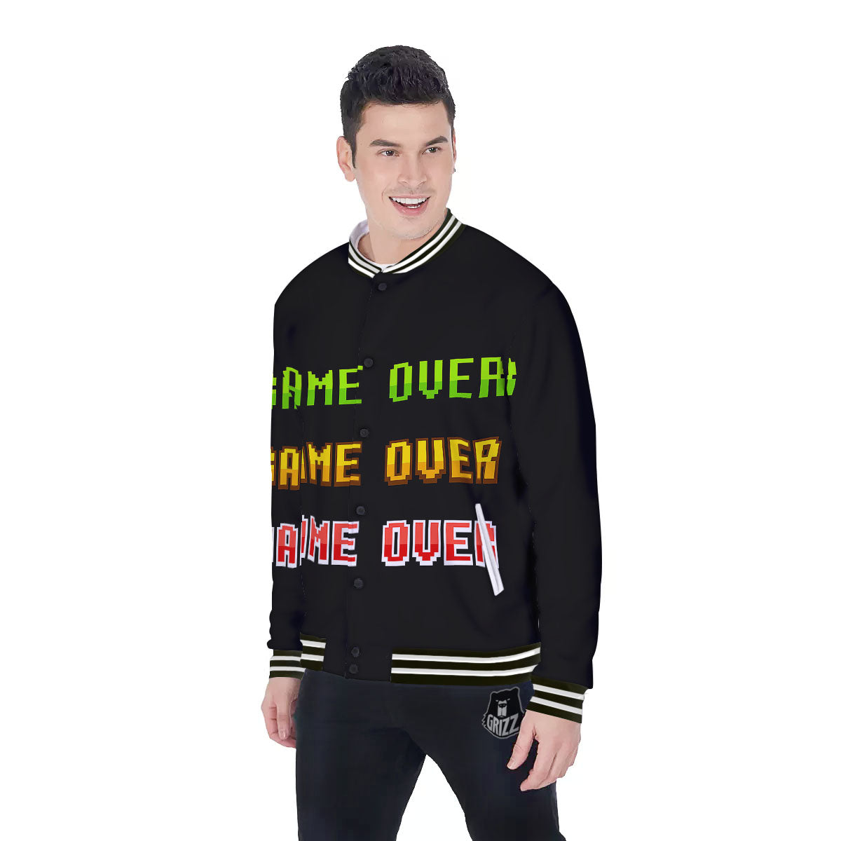 Game Over 8-Bit Print Baseball Jacket-grizzshop