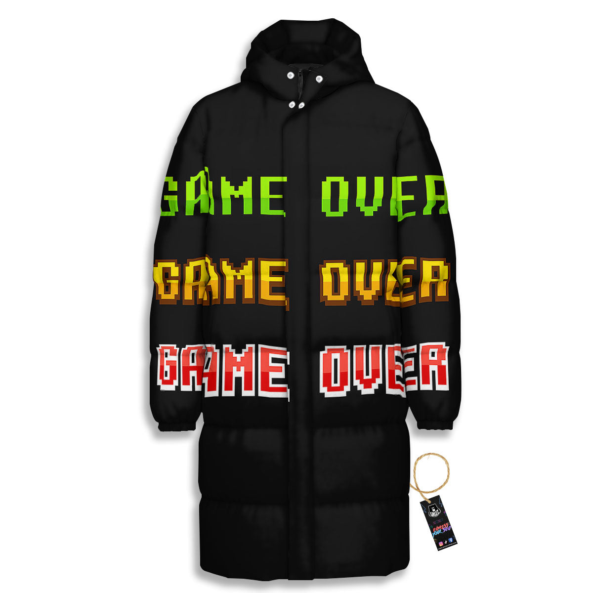Game Over 8-Bit Print Long Down Jacket-grizzshop