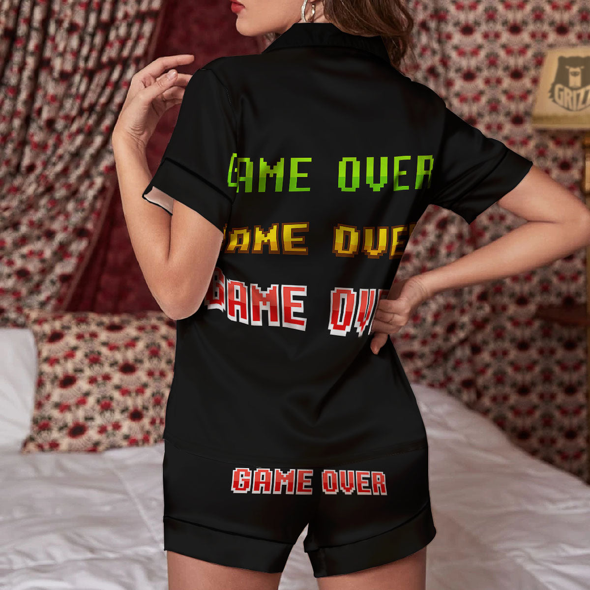Game Over 8-Bit Print Women Silk Pajamas-grizzshop
